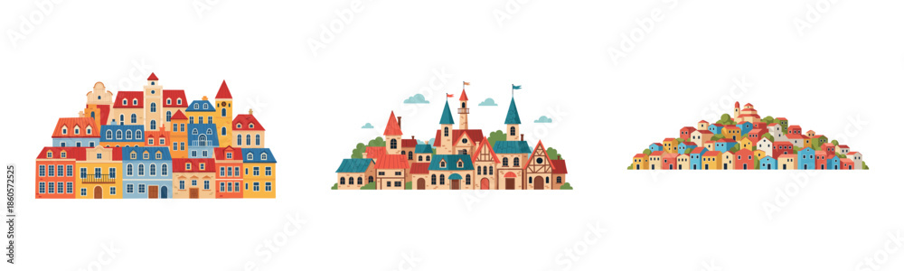 Fototapeta premium Colorful cartoon village scenes with whimsical architecture