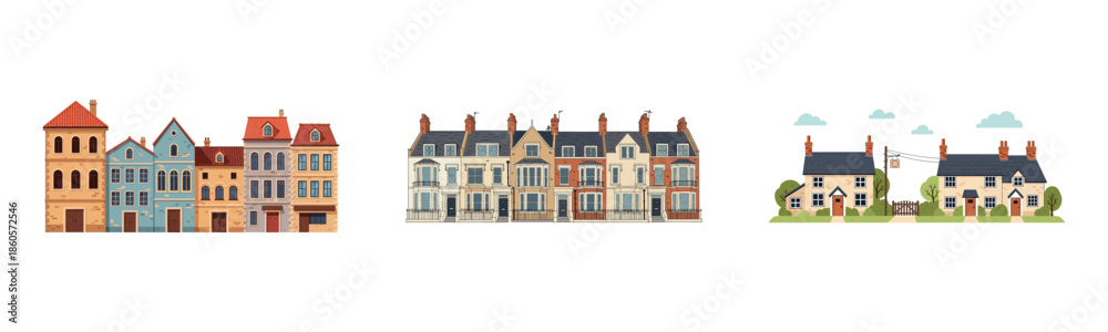 Naklejka premium Variety of residential buildings: historic townhouses, modern facades, and suburban homes