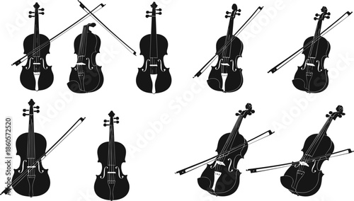 Violin and bow silhouette icon set, musical instrument, classical string, orchestral performance, vector illustration, black pictogram, music graphic