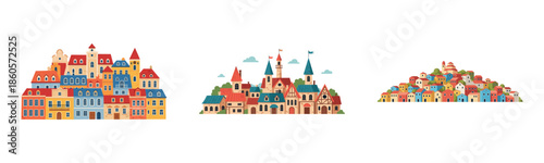 Colorful cartoon village scenes with whimsical architecture
