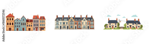 Variety of residential buildings: historic townhouses, modern facades, and suburban homes