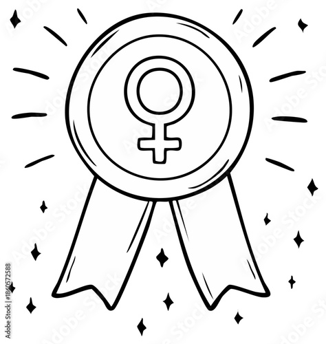 Feminist Award Medal Icon with Ribbon Symbolizing Women's Rights and Empowerment in a Simple Black and White Design