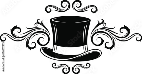 Elegant black top hat silhouette with vintage decorative swirl ornaments, classic gentleman headwear vector illustration for fashion and magic isolated on white.