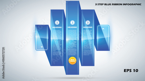 3 Step Blue Ribbon Infographic. Glossy Vertical Banners with 3D Folded Effect and Glassmorphism Style. Professional Vector Template for Business Comparison and Choices