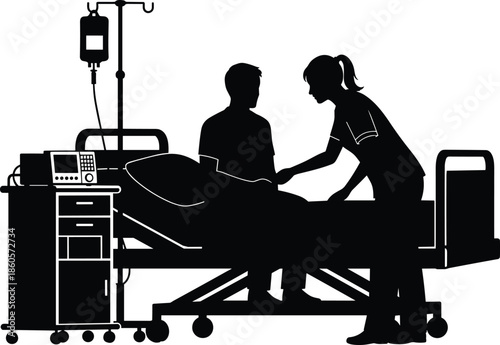 hospital, patient, nurse, medical, silhouette, vector, healthcare, treatment, monitoring, clinic, recovery, ward, medicine, professional, equipment