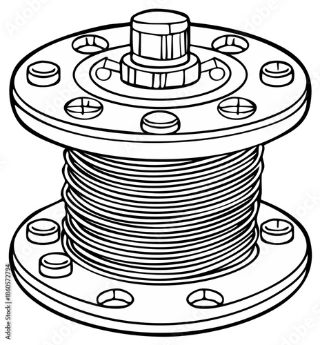Technical illustration of a wire spool with coiled electrical conductor material and fastening bolts