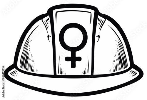 Feminist construction worker symbol icon on helmet representing women in construction and gender equality in the industry