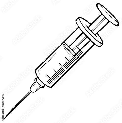 Medical syringe illustration, black and white outline, vaccination