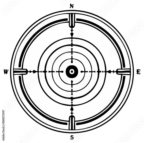 Circular crosshair reticle with compass directions for aiming and targeting