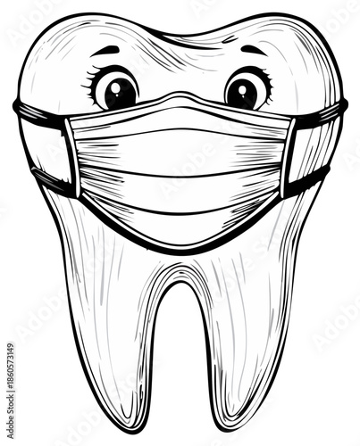 Cartoon tooth wearing face mask, dental health and safety concept