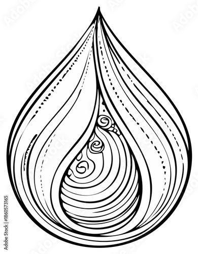 Elegant teardrop shape with intricate linear patterns and delicate spirals