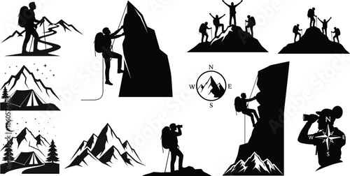 Mountain hiking and camping silhouette icon set, outdoor adventure, climbing, exploration, nature travel, vector illustration, black pictogram graphic