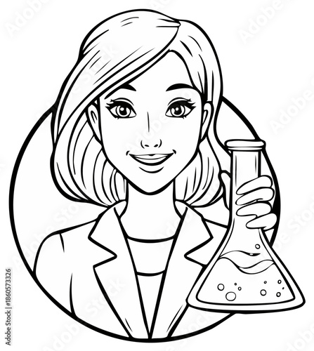 Smiling woman scientist in lab coat holding a conical flask vector illustration for science education and research