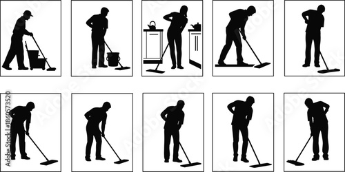 Mopping activity silhouette icon set, cleaning poses, janitorial work, hygiene routine, vector illustration, black pictogram, workplace safety graphic