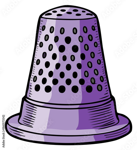 Purple metal sewing thimble with small holes, protective finger covering, tool for tailoring