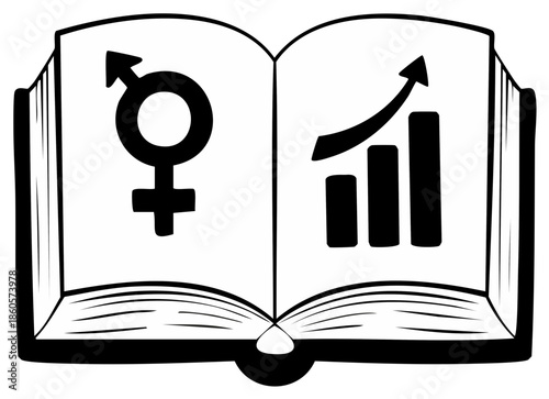 Open book with gender symbol and business graph illustrations, black and white.