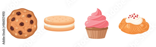 Assorted baked goods: cookie, macaron, cupcake, danish pastry
