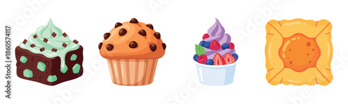 Assorted desserts: mint brownie, chocolate muffin, berry yogurt, and apricot pastry