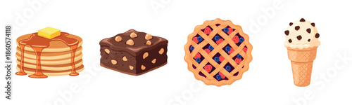 Delicious variety: pancakes, brownie, berry pie, and ice cream cone desserts