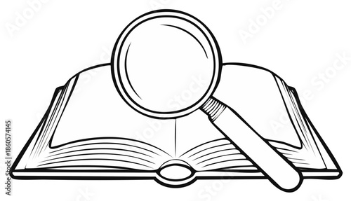 Magnifying glass over open book, vector illustration