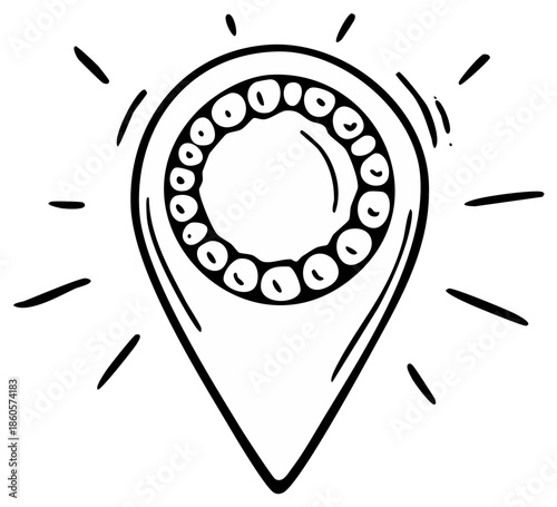 Hand-drawn location pin icon with decorative details and radiating lines