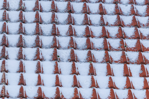 Fotografie Snow covered tiled rooftops in winter