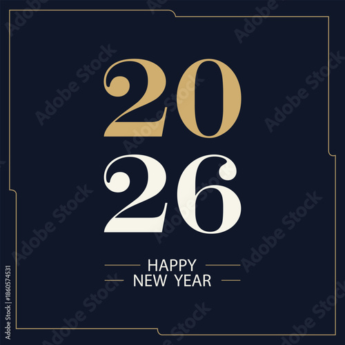 Luxury Happy New Year 2026 Greeting Card Design - Gold & White on Navy Blue