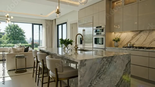 Luxurious Open Concept Interior Design Showing Modern Kitchen and Living Room with City View