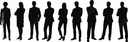 Business people silhouette group, corporate professionals standing together, team unity illustration, office workers in suits, black vector graphic design