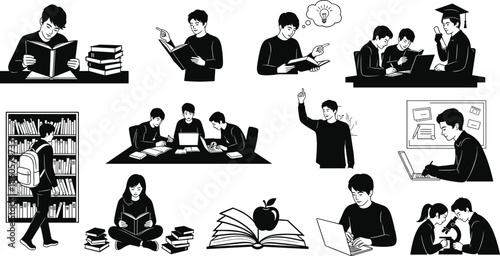 Education activity silhouette icon set, academic scenes, student life, research, reading, writing, collaboration, vector illustration, black pictogram graphic