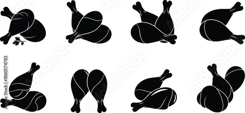 Chicken drumstick pair silhouette icon set, food illustration, meat graphic, cooking element, vector pictogram, black kitchen symbol, culinary design