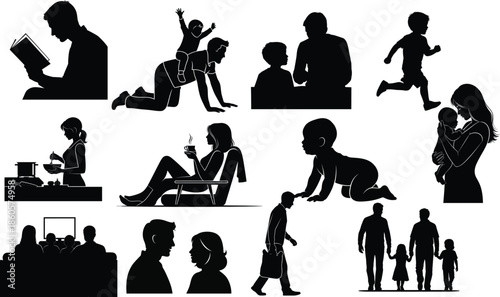Black silhouettes of people including women men and children shown as simple figures representing business family work and daily life
