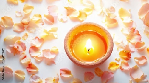 A serene candle glows softly surrounded by delicate rose petals. Perfect for relaxation and ambiance. Create a peaceful atmosphere. Generative AI