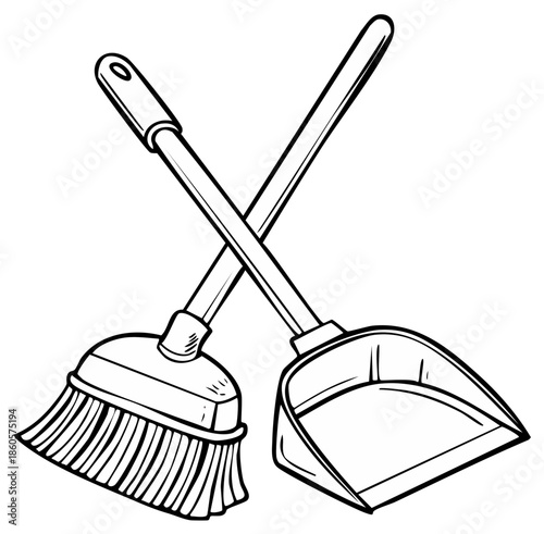 Crossed Broom and Dustpan Line Art Illustration for Household Cleaning