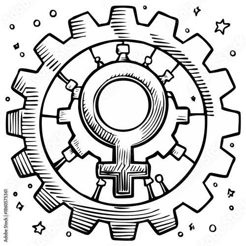 Feminist Icon Inside a Gear Wheel Represents Women in Engineering and Technology