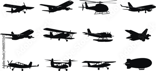 Aircraft silhouette icon set, aviation types, jet plane, helicopter, fighter jet, seaplane, vector illustration, black pictogram, flight graphic