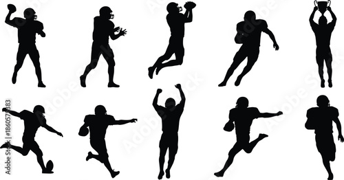 American football player silhouette icon set, dynamic poses, sports action, helmet, trophy, vector illustration, black pictogram, athletic graphic