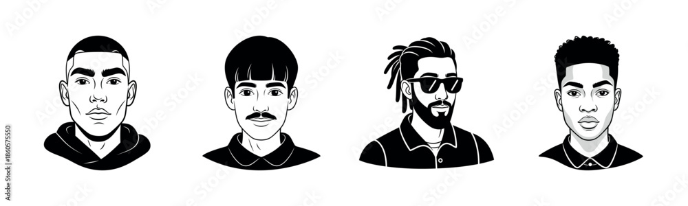 Obraz premium Four diverse male portraits: cartoon style illustrations