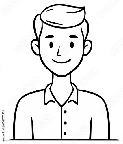 Friendly cartoon man with neat hair, smiling and wearing a collared shirt, outline illustration.