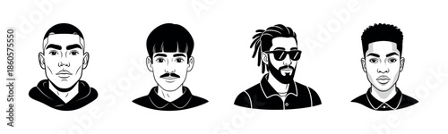 Four diverse male portraits: cartoon style illustrations