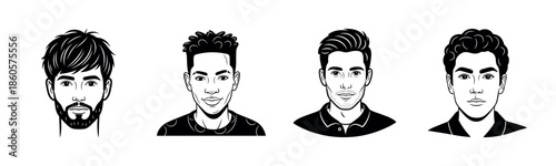 Monochrome portraits of diverse young male faces: hairstyles and expressions