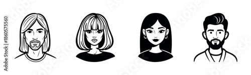 Illustration of male and female characters with diverse hairstyles and accessories