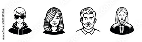 Stylized black and white icons of diverse young adults portraits