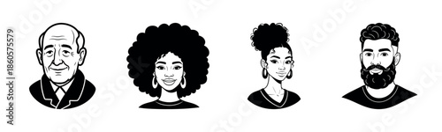 Diverse black and white portraits of people: elderly male, young female, young female, young male