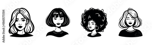 Diverse female hairstyles: asian, caucasian, african portraits in black and white