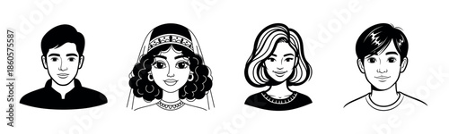 Diverse cartoon faces of young people: male and female characters