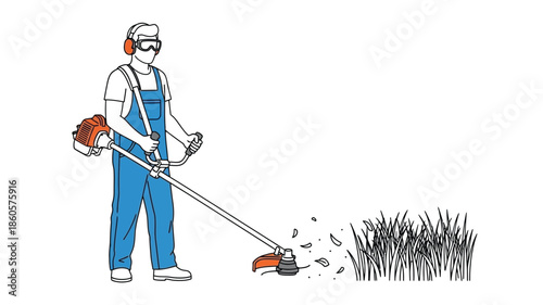 A person using a string trimmer to cut grass wearing safety equipment