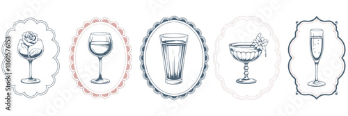 Set of Five Line Glassware and Rose in Circular Frames wine glass champagne flute water glass goblet