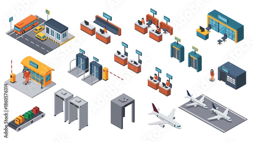 Isometric illustration of a busy airport terminal and surrounding infrastructure