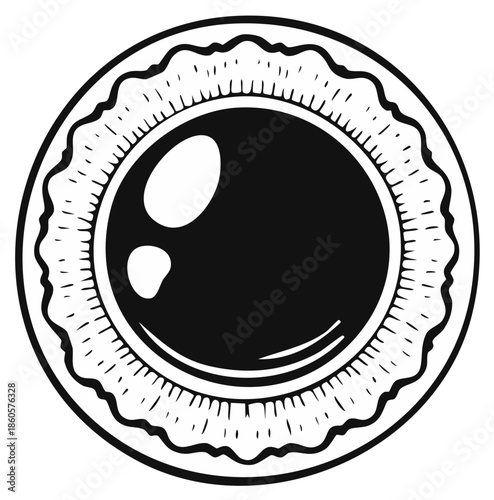 Human eye iris detailed illustration in black and white, eyeball anatomy vector drawing
